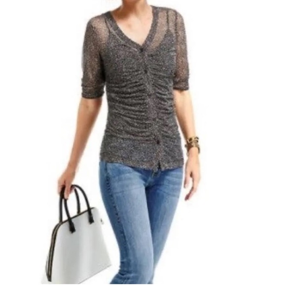 CAbi Sheer‎ Ruched Mesh Snow Leopard Print Button Down Blouse L 241 Stretch Y2K - Picture 2 of 7